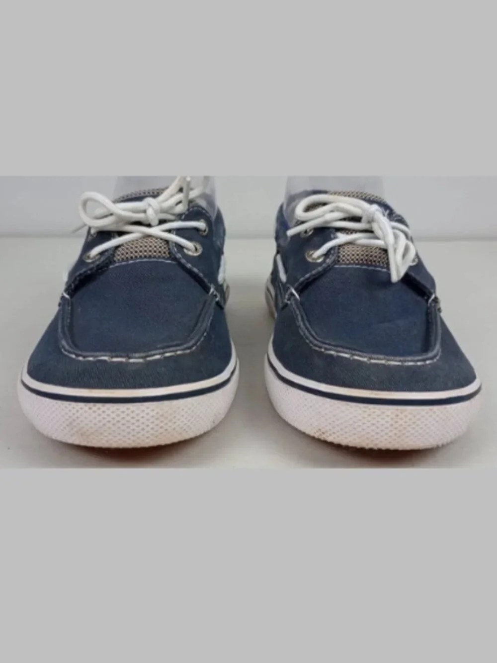 Sperry Top Sider Halyard Mens‎ 4M Blue Canvas 2 Eye White Tie Slip On Boat Shoes